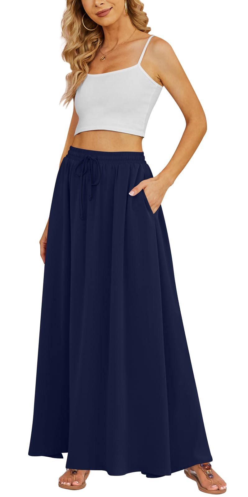Yincro Women's Flowy Maxi Skirt Summer Pleated High Waisted Casual Long Skirts with Pockets (Navy Blue, L)