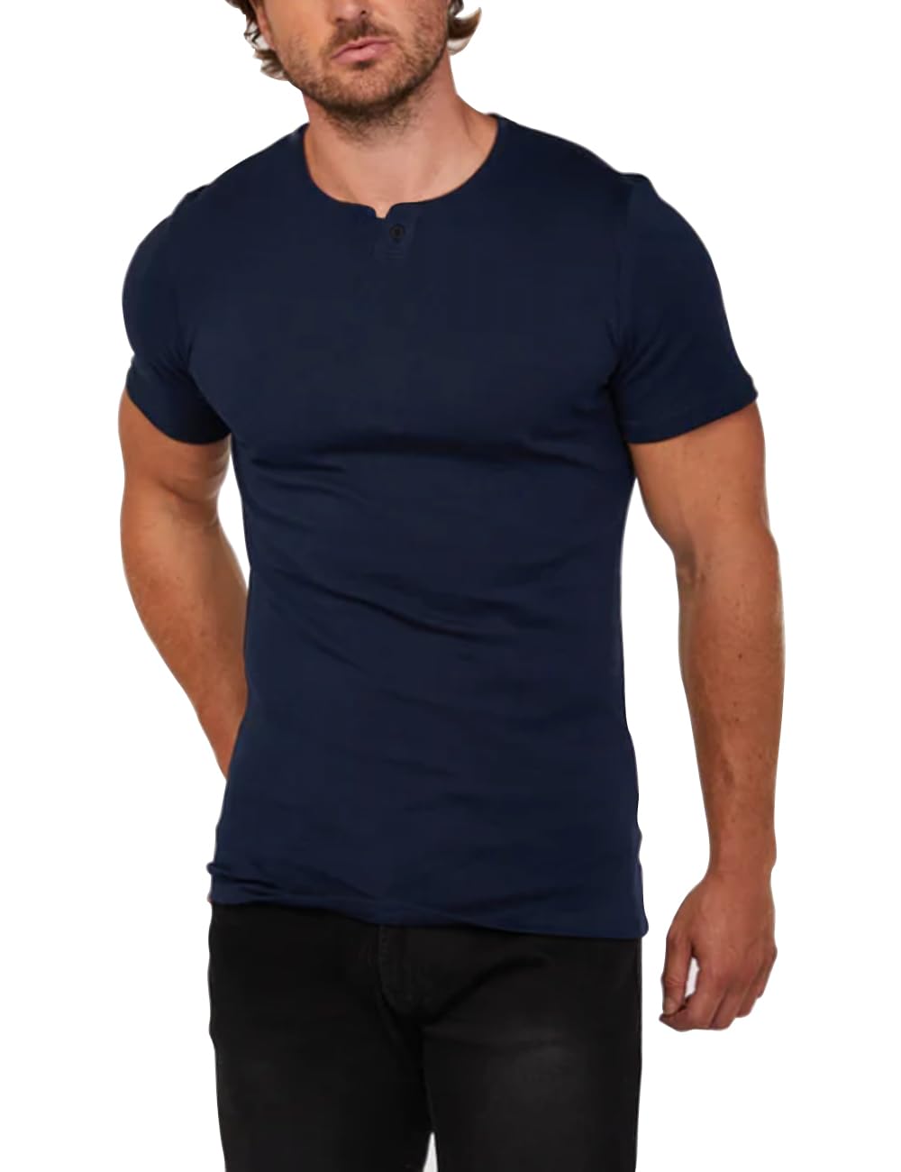 palglg Mens Short Sleeve Cotton Muscle Slim Fitted Sport Henley T-Shirt with Button Navy Blue XL