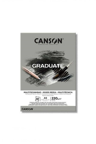 CANSON Graduate Mixed Media 200gsm A5 Paper, Double Sided: Grained And Smooth, Pad Glued Short Side, 30 Grey Sheets, Ideal for Student Artists