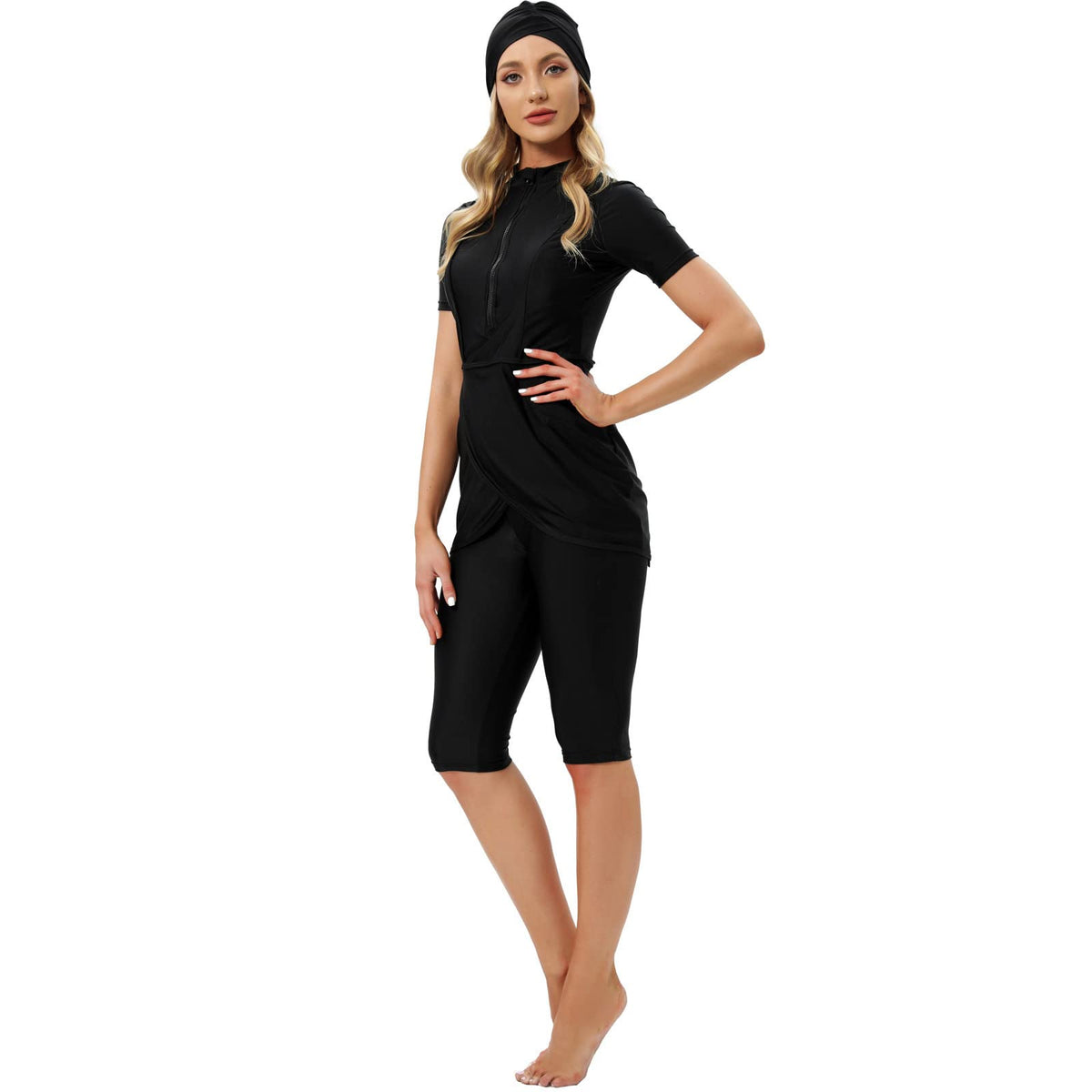 Muslim Swimsuits for Women Modest Full Cover Burkini Islamic Arabic Swimwear Swimsuit Short Sleeve Swimming Top Swim Carpi Pants Hijab Rash Guard 3Pcs Set Sun Protection Bathing Suit Black S