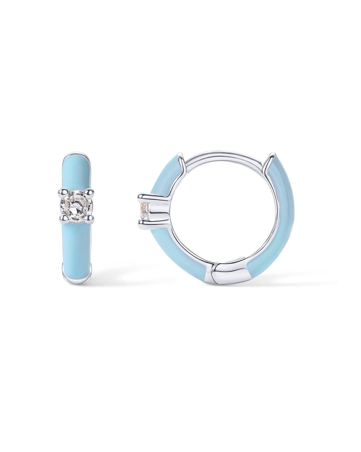 PAVOI Rhodium Plated Sterling Silver Post Enamel CZ Huggies | Colored Enamel & Round Cubic Zirconia Hoop Earrings for Women | Blue Enamel Jewelry