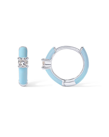 PAVOI Rhodium Plated Sterling Silver Post Enamel CZ Huggies | Colored Enamel & Round Cubic Zirconia Hoop Earrings for Women | Blue Enamel Jewelry