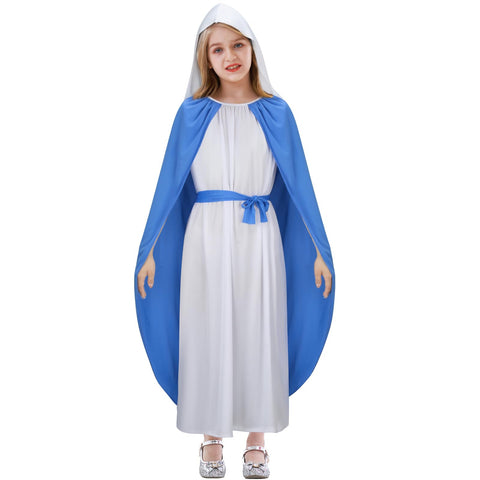 Funhoo Girls Virgin Mary Costume Saint Biblical Character Outfit for Kids Dress Robe Head Scarf Christmas Nativity Party Costume Dress Up (130)