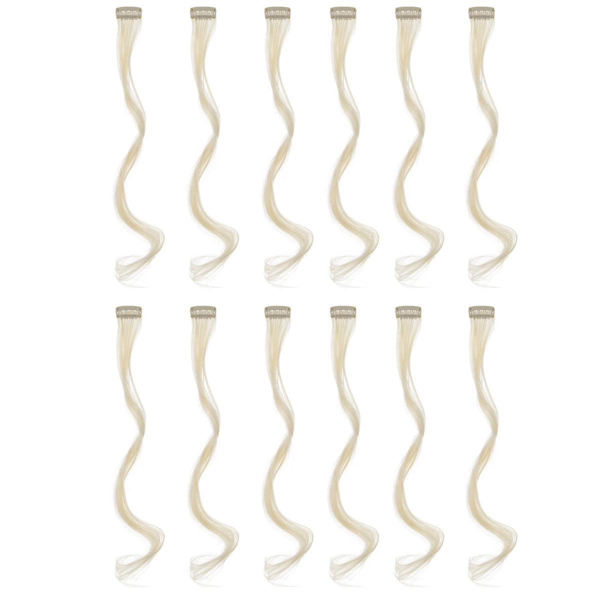SWACC 12 Pcs Curly Wavy One Color Party Highlights Clip on in Hair Extensions Colored Hair Streak Synthetic Hairpieces (Platinum Blonde)