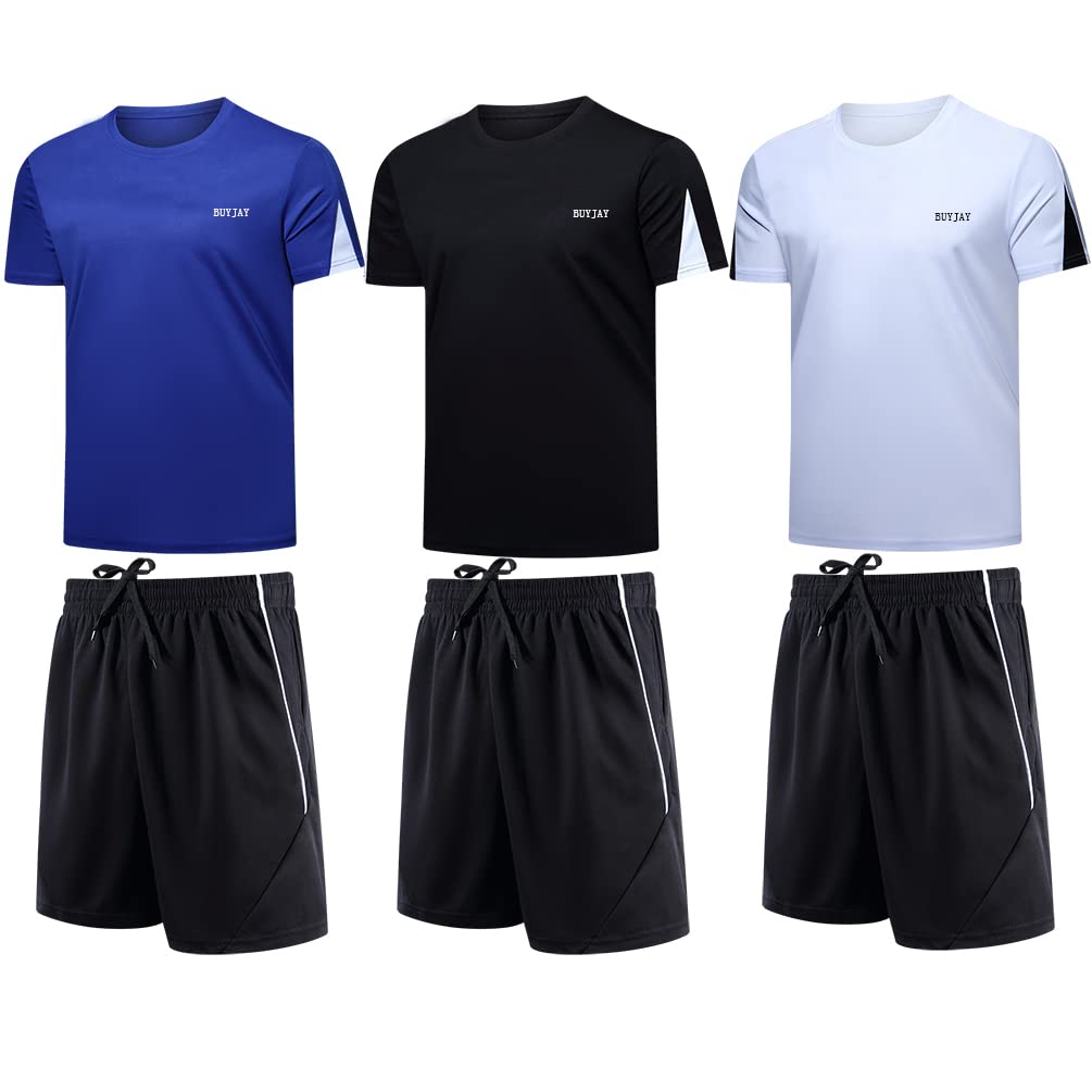 BUYJYA Men's Workout Clothes Athletic Shorts Shirt Set 3 Pack for Basketball Football Exercise Training Running Gym