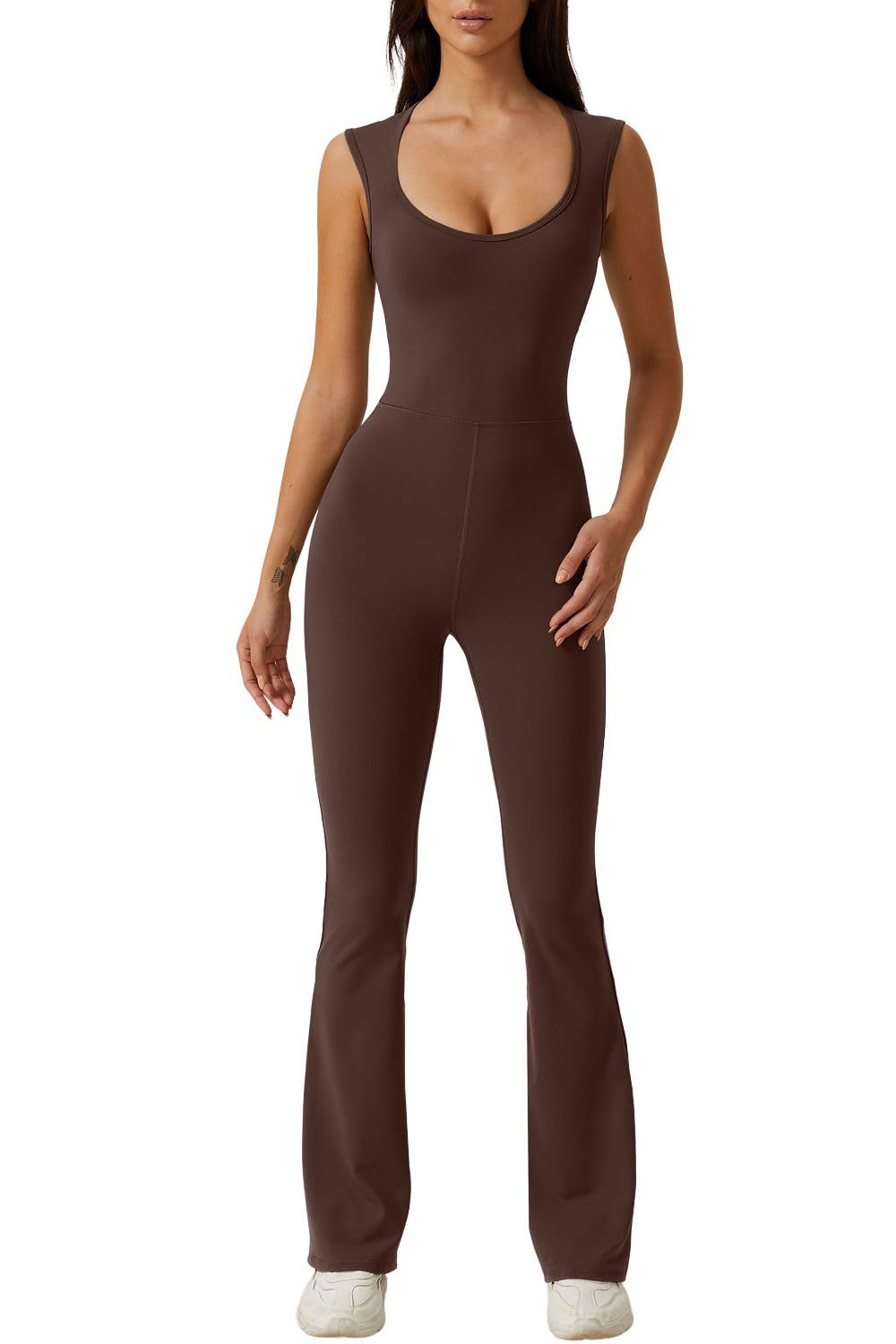 QINSEN Woman's Tank Jumpsuit Sweetheart Neck Tapered Shoulder Long Pants Jumpsuit Chestnut L