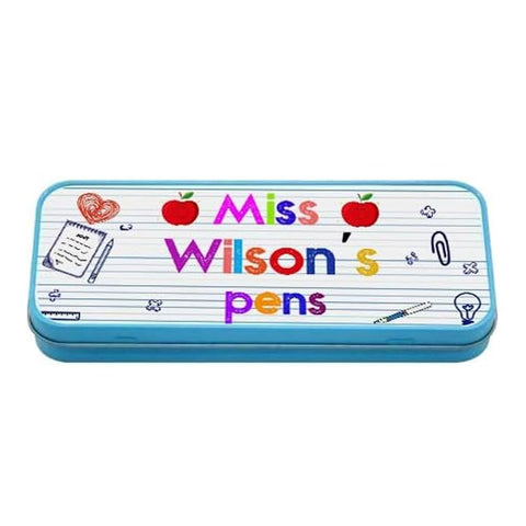 Personalised Teachers Any Name Gift Metal Pencil Case Tin. (Blue)