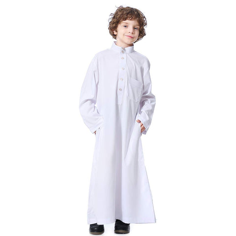 XINNI Long Sleeve Stand Collar Arabic Thobe Islamic Caftan with Pockets for Boy, White, 3X-Large