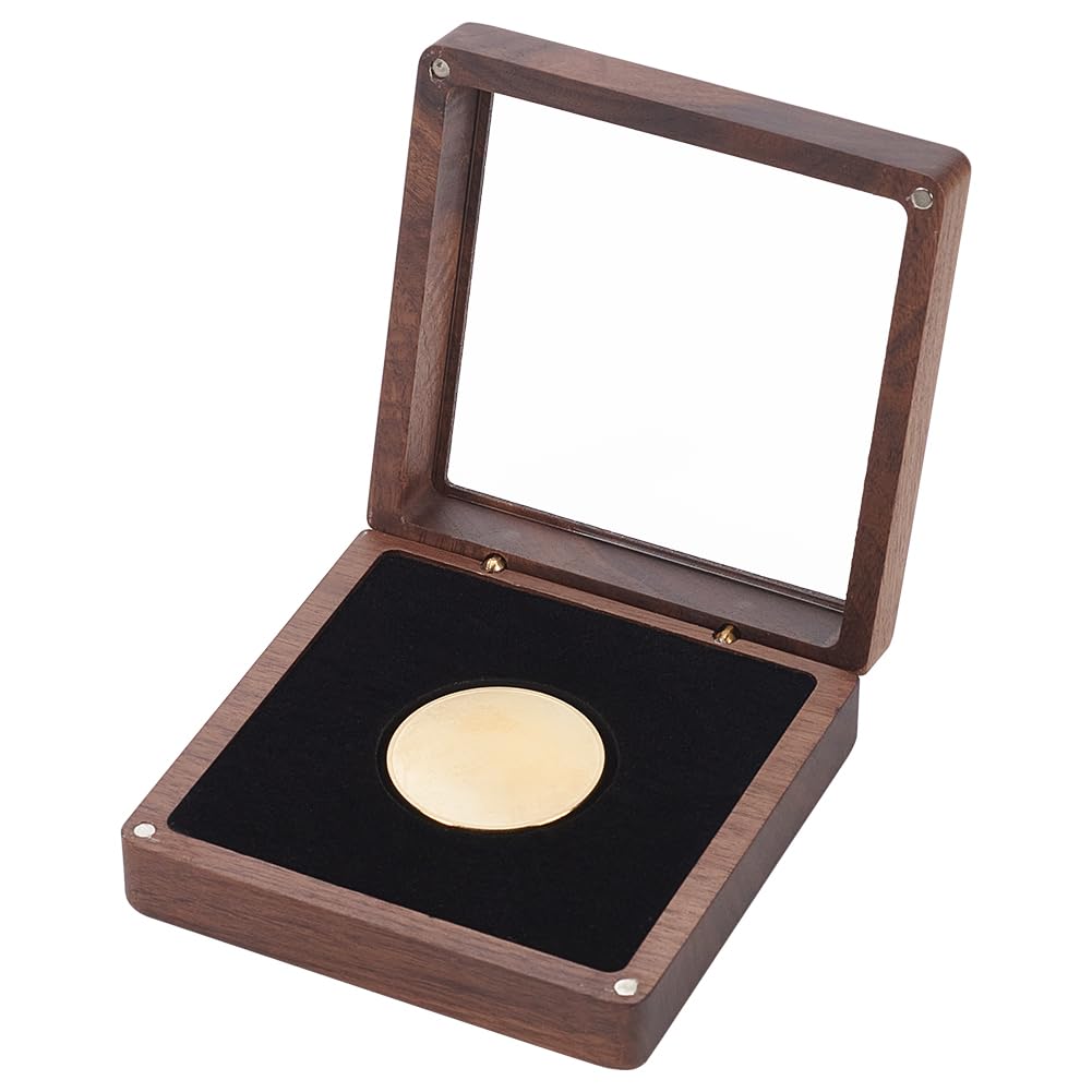 FINGERINSPIRE 40mm Challenge Coin Presentation Display Gift Box 103mm Square Walnut Wood Single Coin Storage Box with Plastic Visible Window Coconut Brown Magnetic Commemorative Coin Badge Gift Case