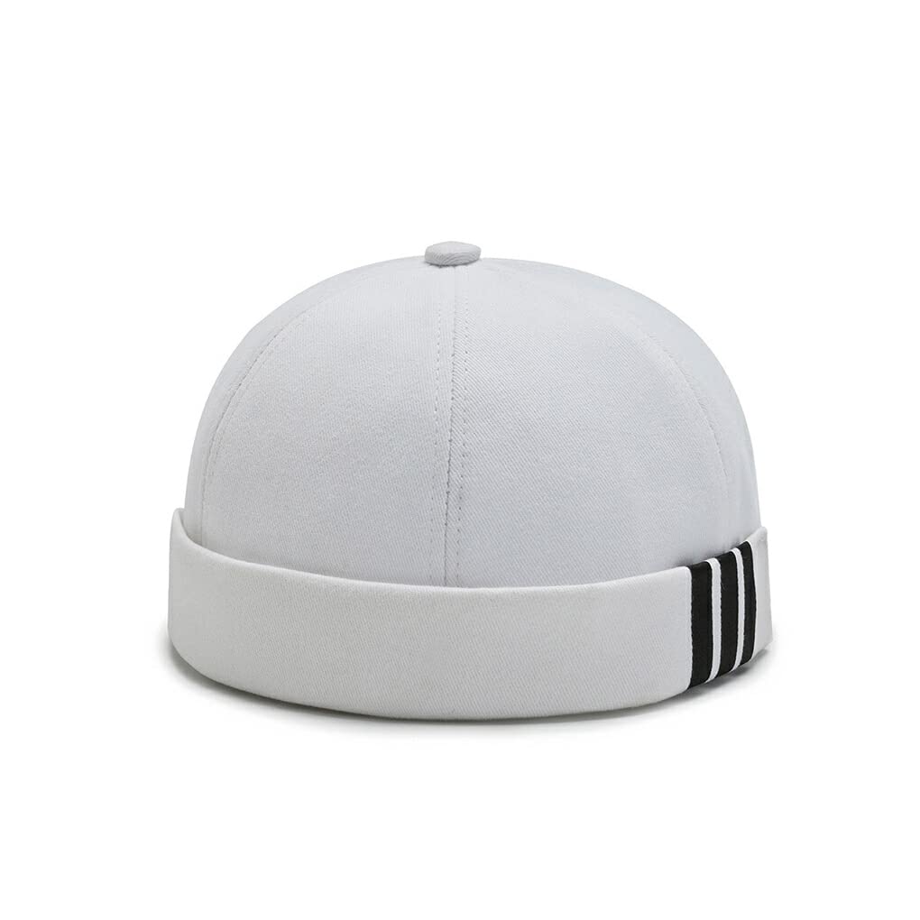 SUIOPPYUW Fashion Skullcap 3 Stripes Print Retro Sailor INS Style Bucket Docker Caps Brimless Solid Color Hat Bonnet Dancing, White