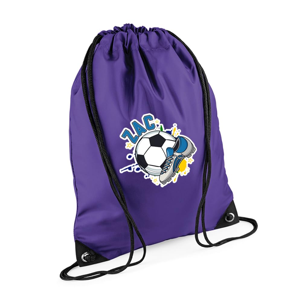 Personalised footballer Bag Gift, Best Football Player Gift, Football Game Gift, Drawstring Bag, PE Gym Kit Swimming, Sport Rucksack. (Purple)