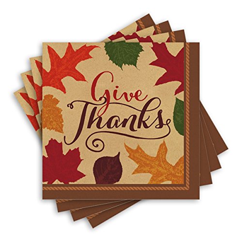 Amscan Autumn Traditions Thanksgiving Party Paper Beverage Napkins, Brown, 5" x 5"