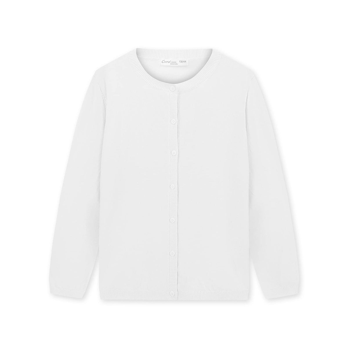 CUNYI Girl's Crewneck Lightweight Button-up Cardigan Cotton Knit Sweater Casual Cute Outerwear, White, 140