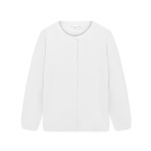 CUNYI Girl's Crewneck Lightweight Button-up Cardigan Cotton Knit Sweater Casual Cute Outerwear, White, 140