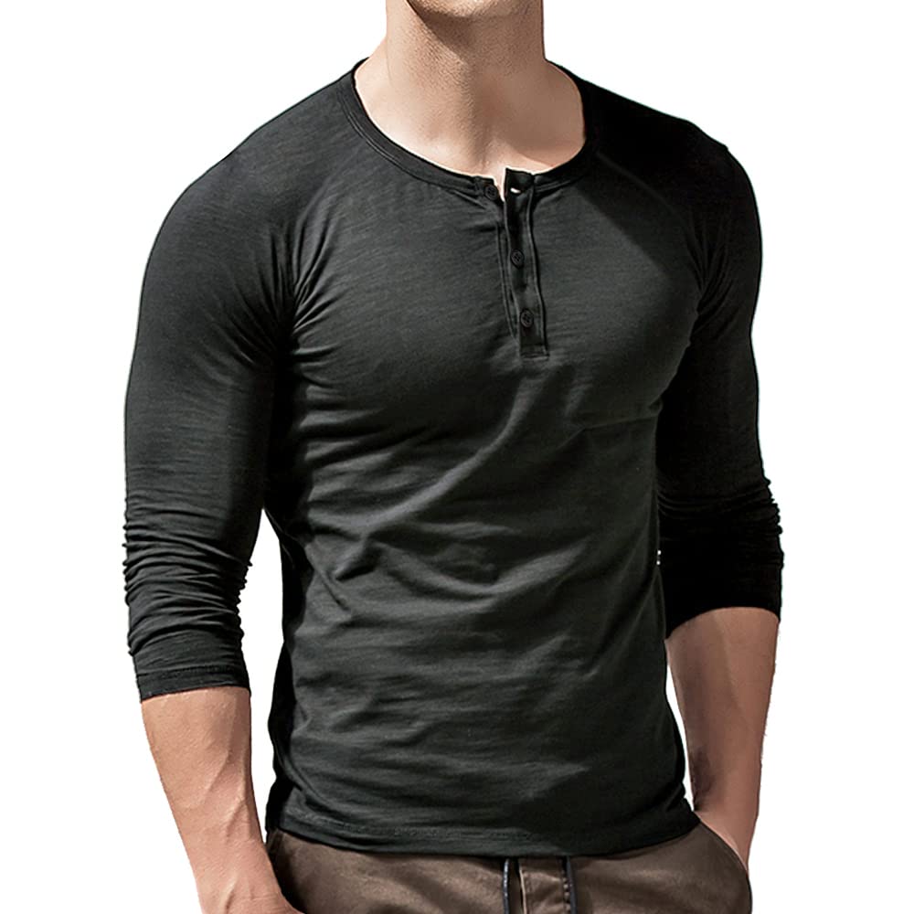 Mens Regular-fit Henley T-Shirt Long-Sleeve with 3 Buttons Placket Slub Vintage Cotton Dark Grey M