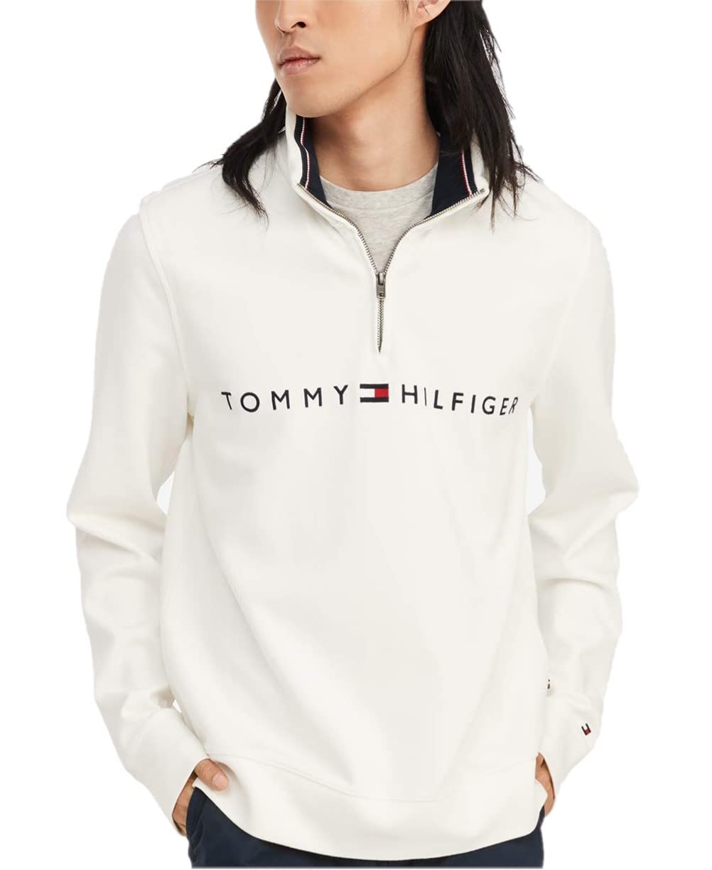 Tommy Hilfiger Mens Long Sleeve Fleece Quarter Zip Pullover Sweatshirt, Snow White, X-Small US