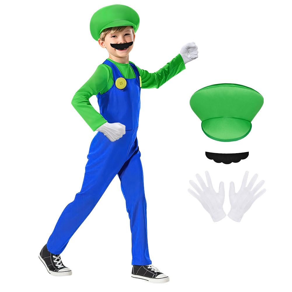 AOOWU Mario Costume for Kids, 4PCS Kids Mario Costume Set with Mario Jumpsuit, Cap, Beard & Gloves, Mario Luigi Bros Plumber Fancy Dress Outfit for Boy Girl Halloween Cosplay Carnival Party (Green, L)