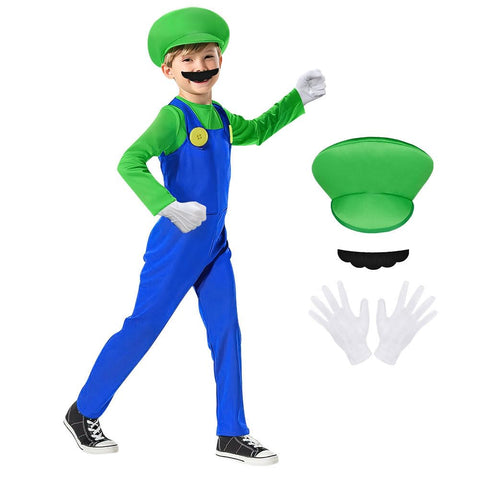 AOOWU Mario Costume for Kids, 4PCS Kids Mario Costume Set with Mario Jumpsuit, Cap, Beard & Gloves, Mario Luigi Bros Plumber Fancy Dress Outfit for Boy Girl Halloween Cosplay Carnival Party (Green, L)
