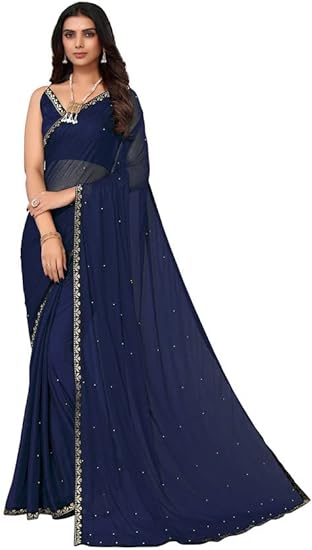 "	 SICHI Women'S Lycra Lace Work Saree With Unstitched Blouse Piece, Navy Blue3, One Size"