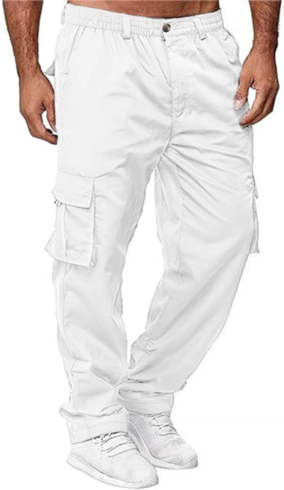 HUNGSON Mens Casual Cargo Pants - Sweatpants Joggers Athletic Pants Cotton Loose Straight Hiking Pants for Men, White, 34