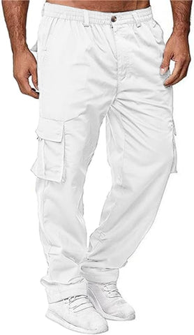 HUNGSON Mens Casual Cargo Pants - Sweatpants Joggers Athletic Pants Cotton Loose Straight Hiking Pants for Men, White, 34