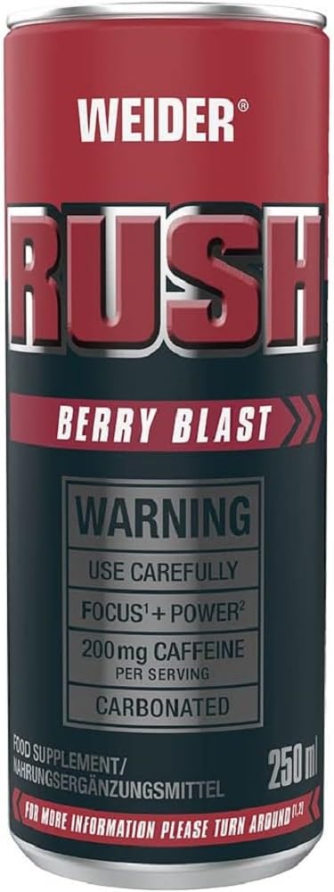 Weider Rush Carbonated Ready to Drink, Berry Blast, Pre-Workout, 200mg Caffeine, Focus + Power, 24 Pack, 24 x250 ml