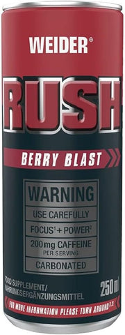 Weider Rush Carbonated Ready to Drink, Berry Blast, Pre-Workout, 200mg Caffeine, Focus + Power, 24 Pack, 24 x250 ml