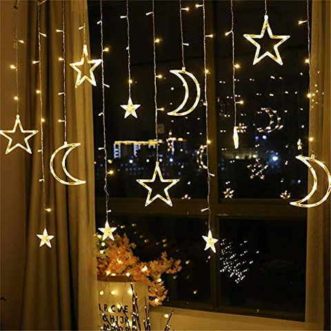 Star Moon Christmas Window Lights, 3.5m LED Christmas Curtain String Lights, Battery Powered Garland Ramadan Decorations for Home, Christmas, Wedding, Party, Terrace, Ramadan, Eid, Lawn (Warm White)