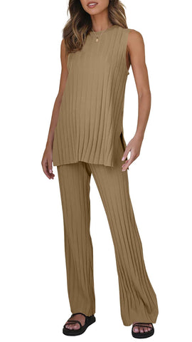 Tankaneo Two Pieces Outfits Sleeveless Top Knit Sets Trendy Lounge Long Pajamas Set Light Brown
