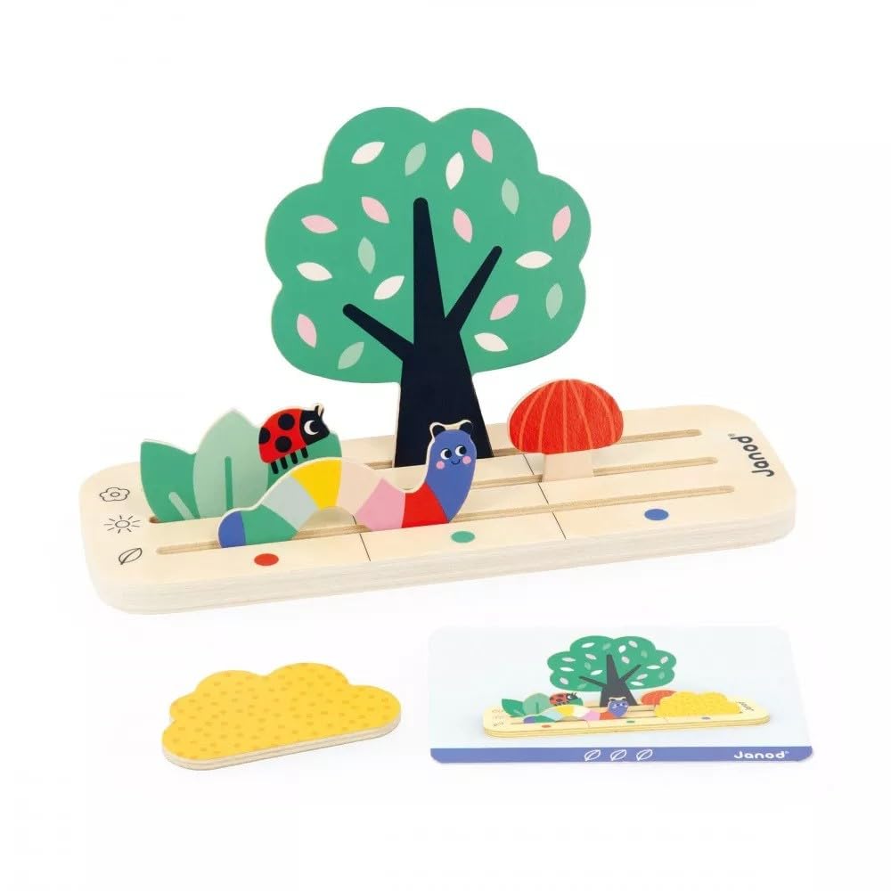 Janod Pédagogie Range-Finding Your Bearings in Space-The Garden-9 FSC Wood Accessories + 12 Cards-Children’s Educational Toy-36 Months +, J05077, Multicolor