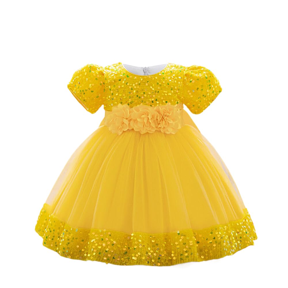 Cichic Baby Flower Girl Dresses Summer Puffy Sequin Tulle Festival Party Wedding Bridesmaid Dresses Yellow 3-4 Years