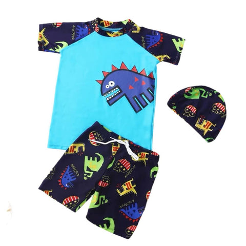 FedMois Boy Swim Set, 3 Pieces Set Swim Shirt + Swimming Shorts + Swimming Cap, Dinosaurs Blue, 2-3 Years