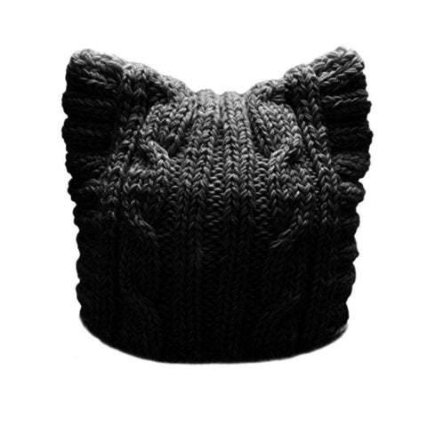BIBITIME Handmade Knit Pussycat Hat Women's March Parade Cap Cat Ears Beanie (Adult-Black, Reference)