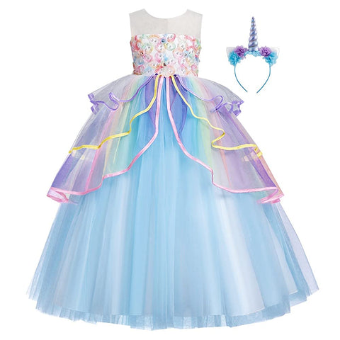 HIHCBF Girls Unicorn Costume Pageant Princess Party Flower Dress Wedding Birthday Halloween Carnival Long Maxi Gown w/Headband Blue 9-10T