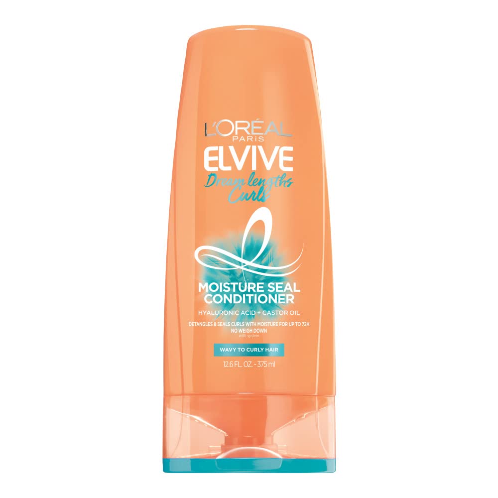 L'Oreal Paris Elvive Dream Lengths Curls Moisture Seal Conditioner, Paraben-Free Curly Hair Conditioner with Hyaluronic Acid and Castor Oil, 12.6 Fl Oz