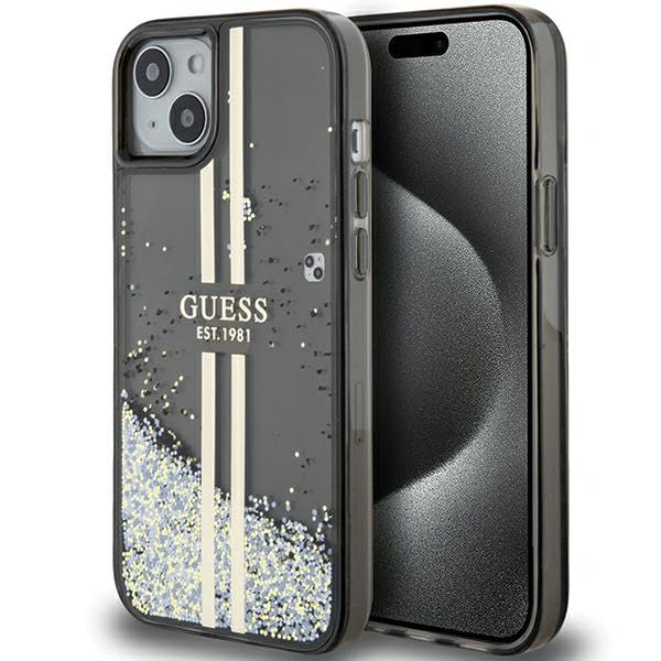 Guess GUHCP15MLFCSEGK Case for iPhone 15 Plus / 14 Plus 6.7 Inch Black Hard Case Liquid Glitter Gold Stripes
