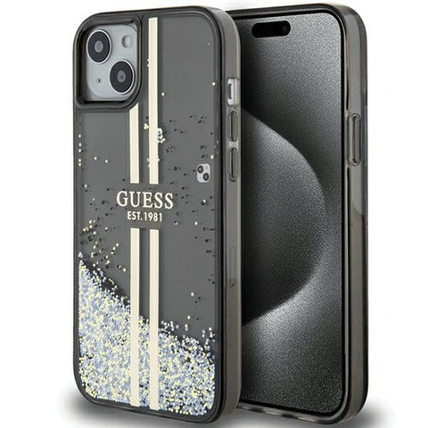 Guess GUHCP15MLFCSEGK Case for iPhone 15 Plus / 14 Plus 6.7 Inch Black Hard Case Liquid Glitter Gold Stripes