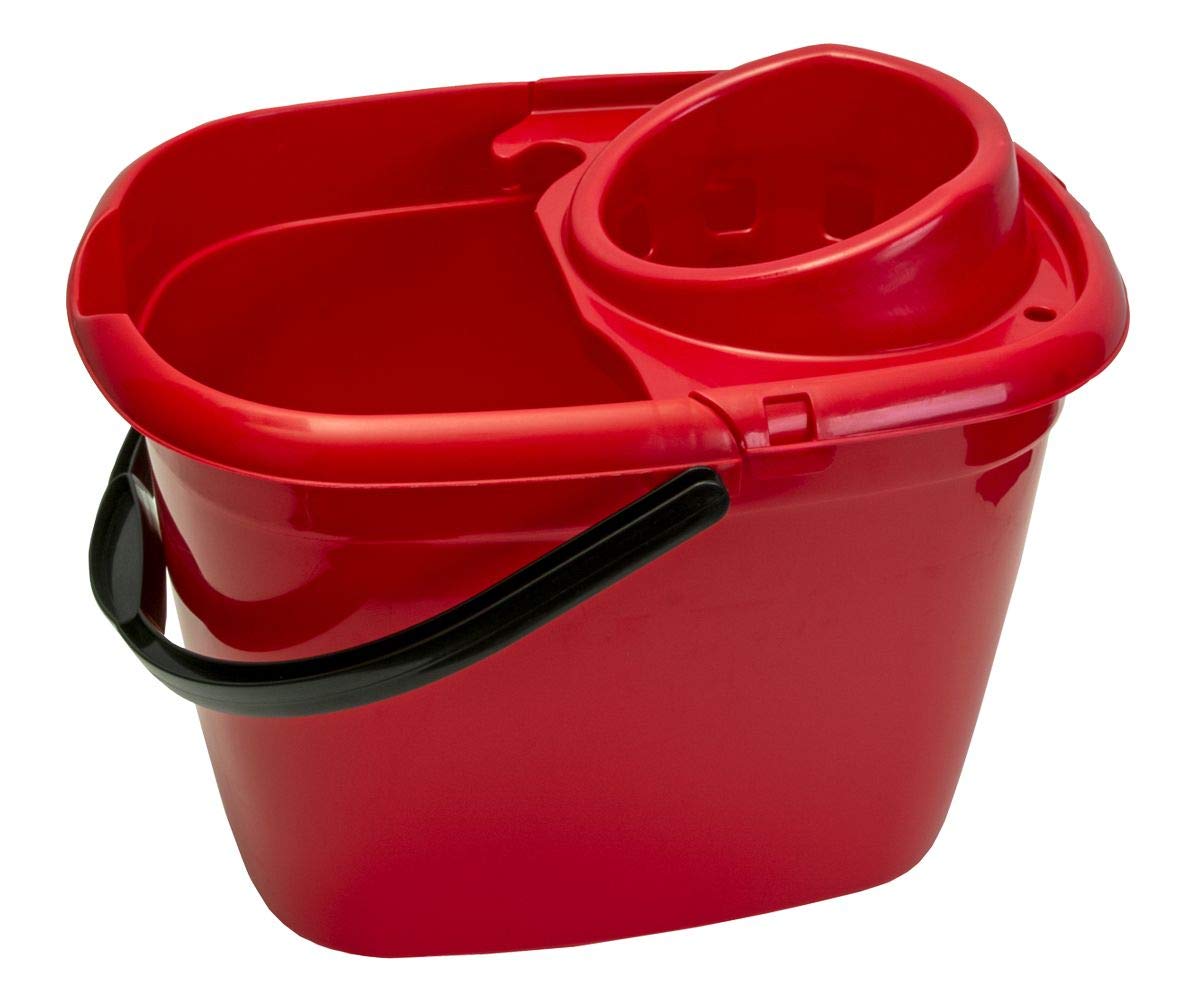 Abbey Plastic Mop Bucket with Wringer 12 Litre - Floor Bucket for General and Small Area Cleaning - Colour Coded Plastic Bucket with Side Lip for Easy Pouring - Cleaning Mop Bucket Red