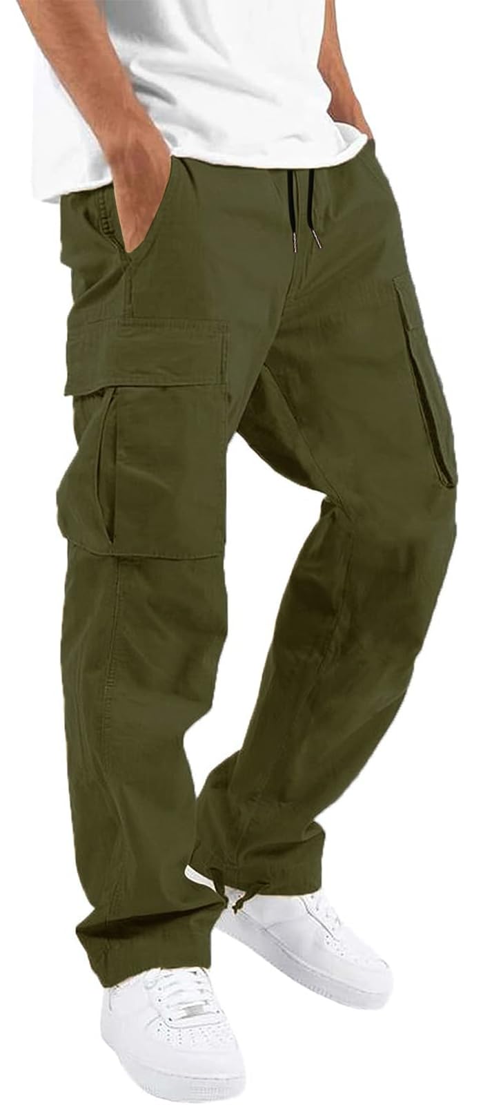 HUNGSON Mens Cargo Pants Drawstring Casual Hiking Pants Joggers Athletic Pants Cotton Loose Straight Sweatpants for Men Army Green