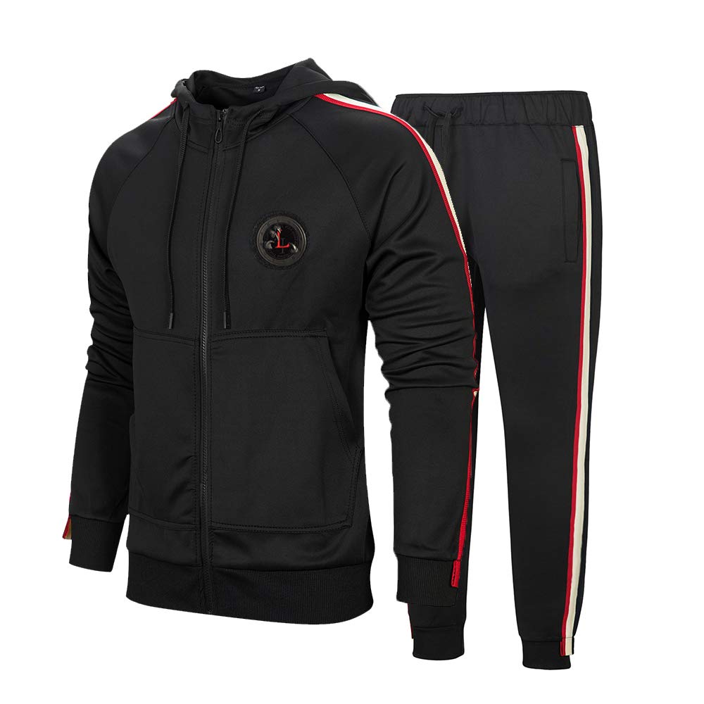 MANTORS Men's Hooded Athletic Tracksuit Full Zip Casual Jogging Gym Sweat Suits Black-XL