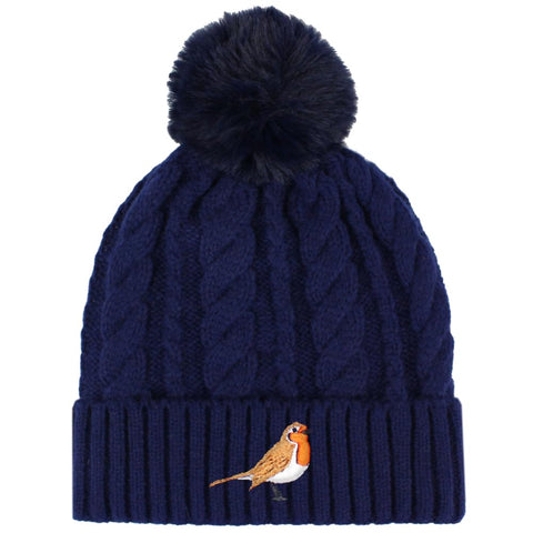 TeddyT's Ladies Embroidered Robin Luxury Bobble Hat Navy