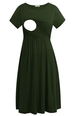 Smallshow Women's Short Sleeve Patchwork Nursing Dresses for Breastfeeding Small Army Green