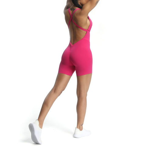 Aoxjox Workout Rompers for Women Brooke Cross Back One Piece Scrunch Gym Yoga Sports Bras Jumpsuit (Rose Red, X-Large)