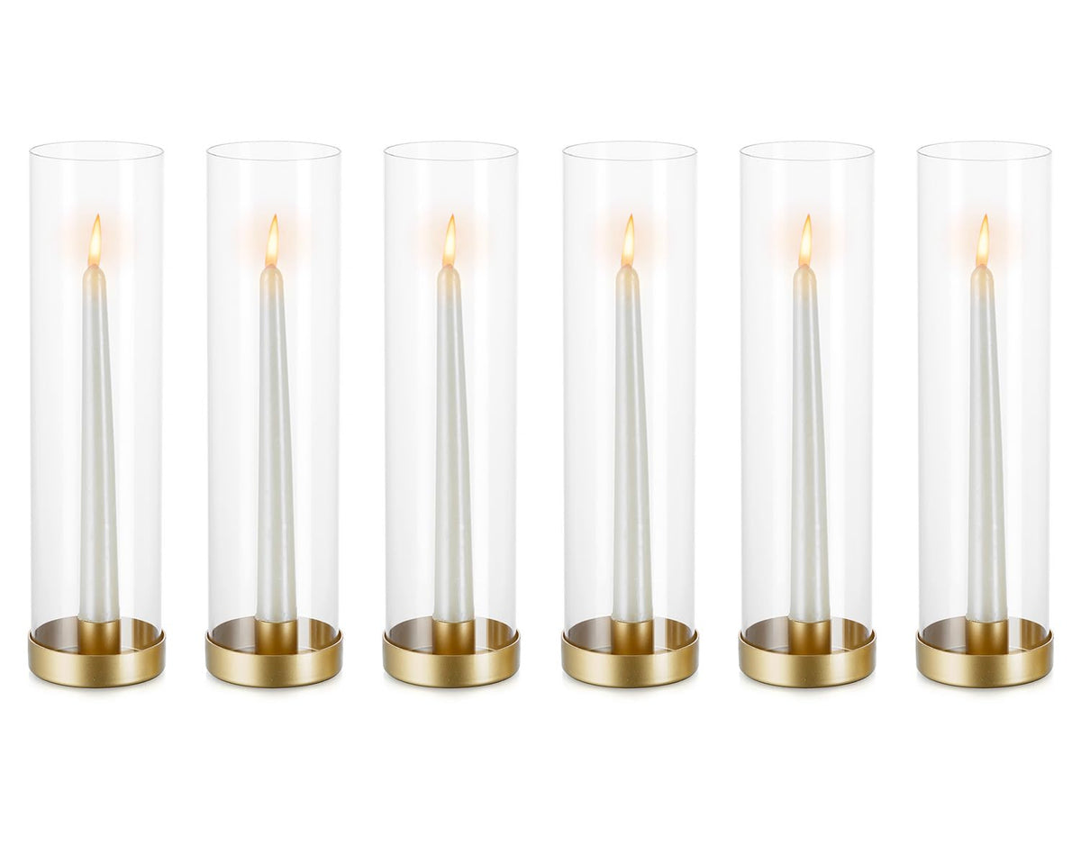 NUPTIO Glass Hurricane Candle Holder: 6 Pieces 30cm Tall Candlestick Gold Candle Holders Metal Taper Candle Stick Bottomless Cylinder Candleholder Wedding Party Table Centrepiece Dining Room Decor