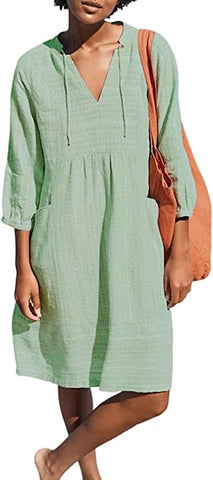 Lafural Womens V Neck Cotton Casual Loose Shift Tunic Smock Summer Dresses Vacation Dress 3/4 Sleeve Pocket Green 2XL