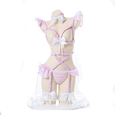 JasmyGirls Sexy Cosplay Lingerie Set Kawaii Anime Lolita Underwear Roleplay Outfit Plaid Bra Pantie Pajama with Choker Garter Belt Pink