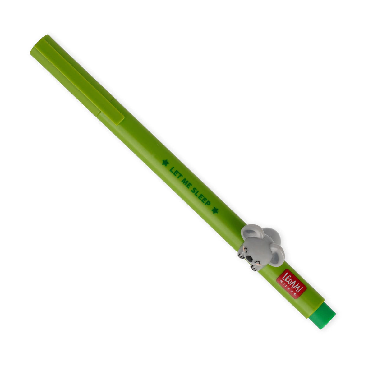 Legami - Gel Pen with Decorative Animal, Prevents Rolling, Green Ink, Removable and Recombinable Animal, 0.5 mm Tip, Koala Theme, 1 Unit (Pack of 1)