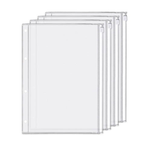4 Pack A4 4 Holes Binder Zip Pockets Plastic Binder Zipper Folders Waterproof 4 Holes Zipper Loose Leaf Bags Zip Lock Envelope for Documents Notebooks Cards (Zip Pocket, A4)