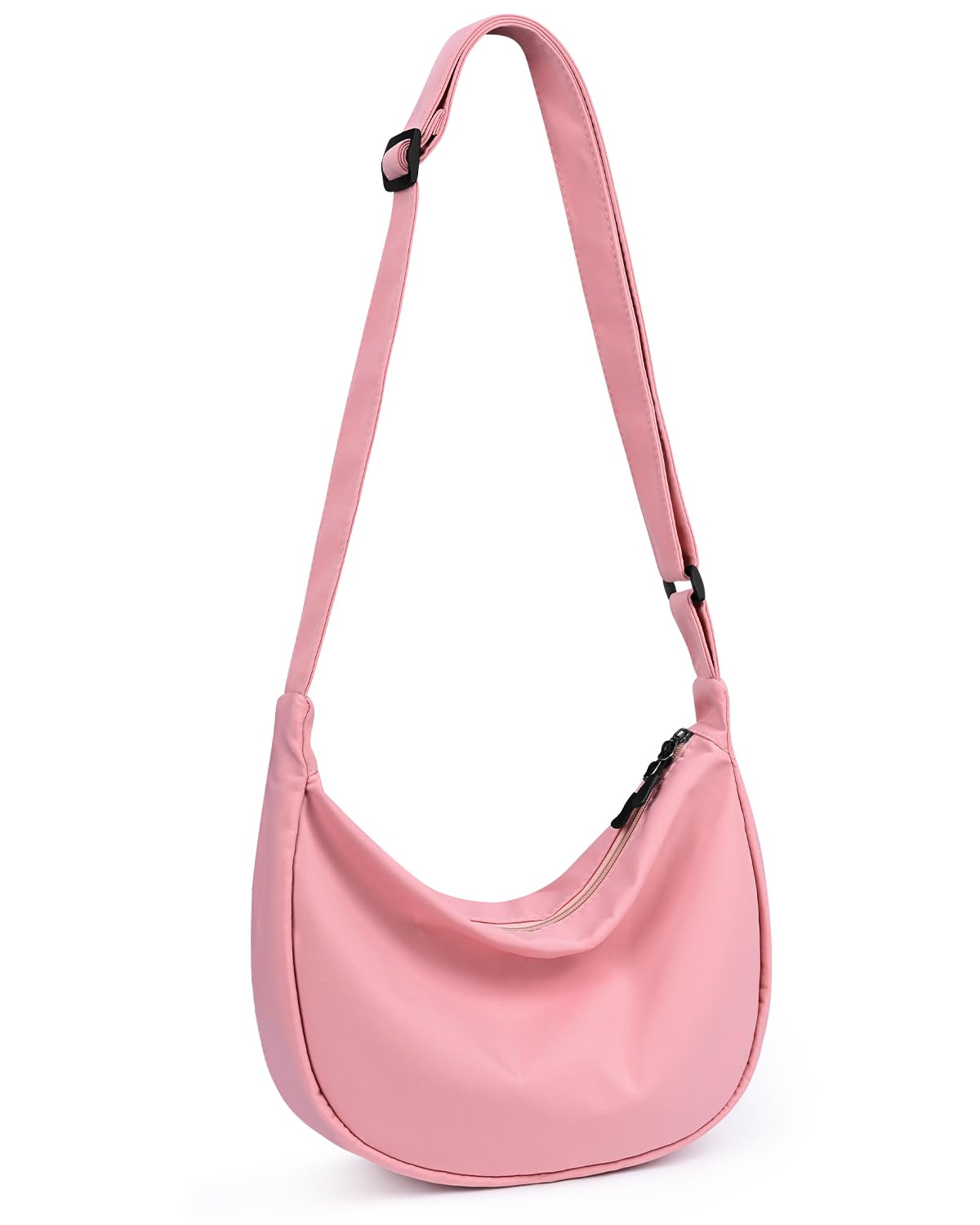 Small Sling Crossbody Bag for Women Men Trendy, Mini Crescent Bag with Adjustable Strap, 2 Zippers Lightweight Nylon Bag, Pink-002