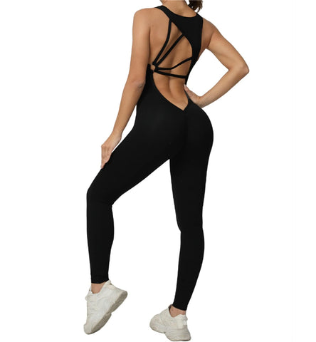 Qszmjo One-piece V Neck Workout Jumpsuit for Women Gym Backless Yoga Catsuit Bodysuit Butt Lift Cutout Sport Athletic Rompers, Black, M